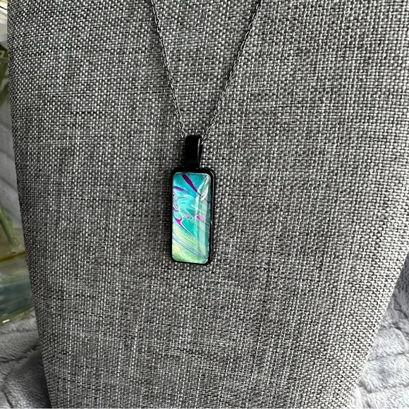 Hand painted Abstract Acrylic fluid pour art pendant necklace teal blue black - Picture 4 of 7